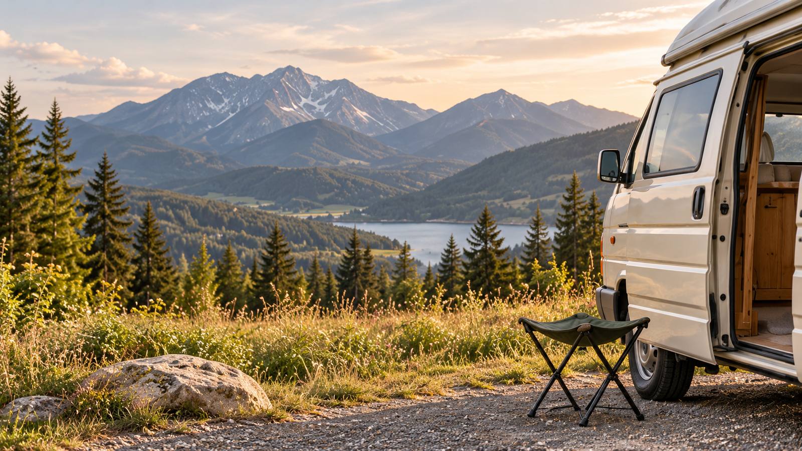 Cream campervan at a quiet mountain overlook above a lake.