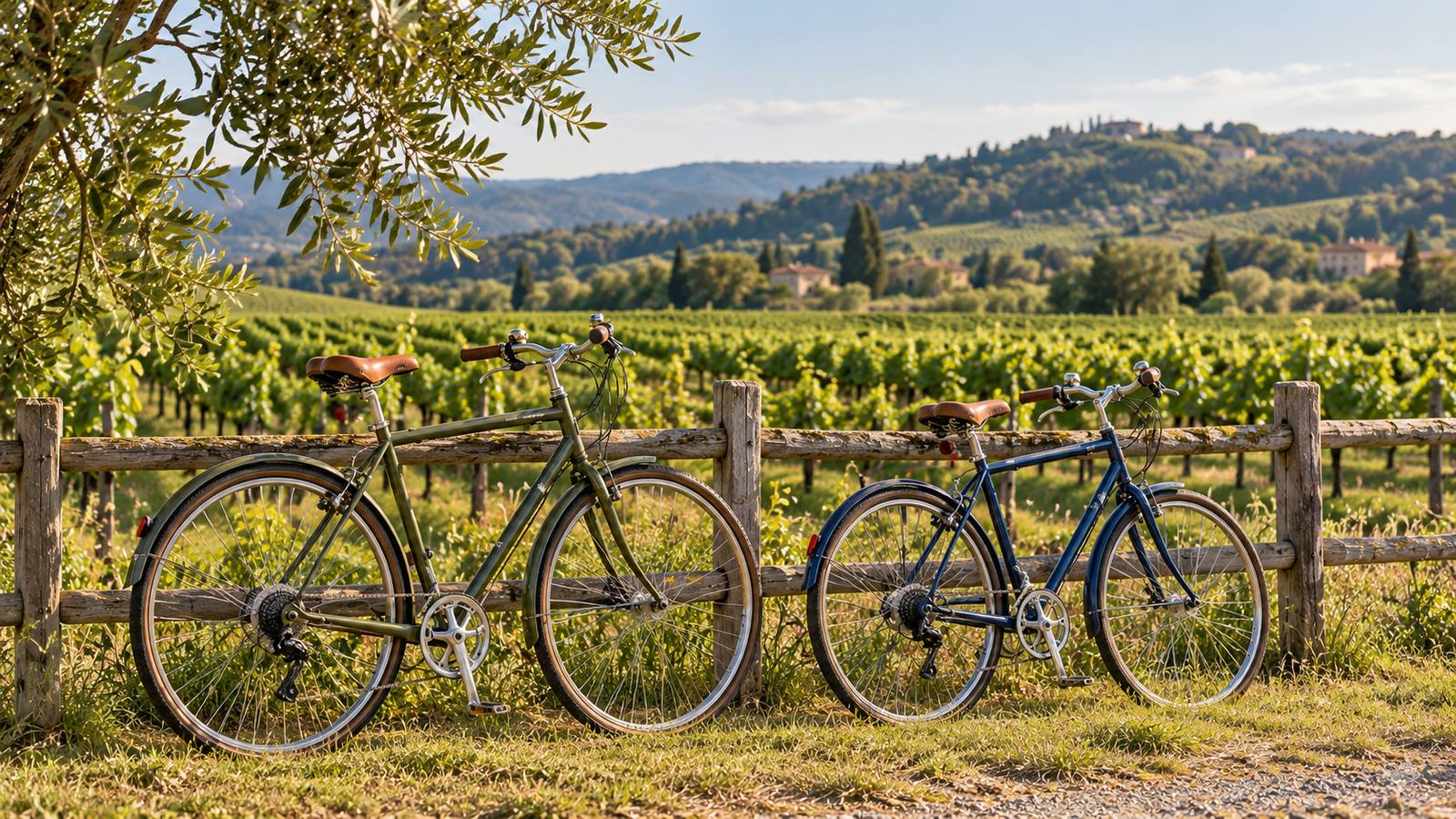 Two bicycles beside a wooden fence overlooking green vineyards.